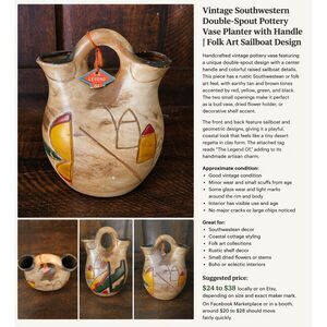 Vintage Double-Spout Pottery Vase Planter with Handle | Folk Art Sailboat Design